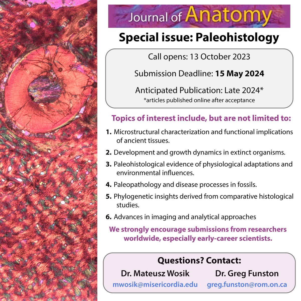 Do you do #paleohistology? Here's your chance to showcase your research?

We are pleased to announce a special issue in <a href="/JournalofAnat/">Journal of Anatomy</a> on Paleohistology. If you have any questions, please contact <a href="/funstonpaleo/">Greg Funston</a> or myself.

Details are in the flyer!