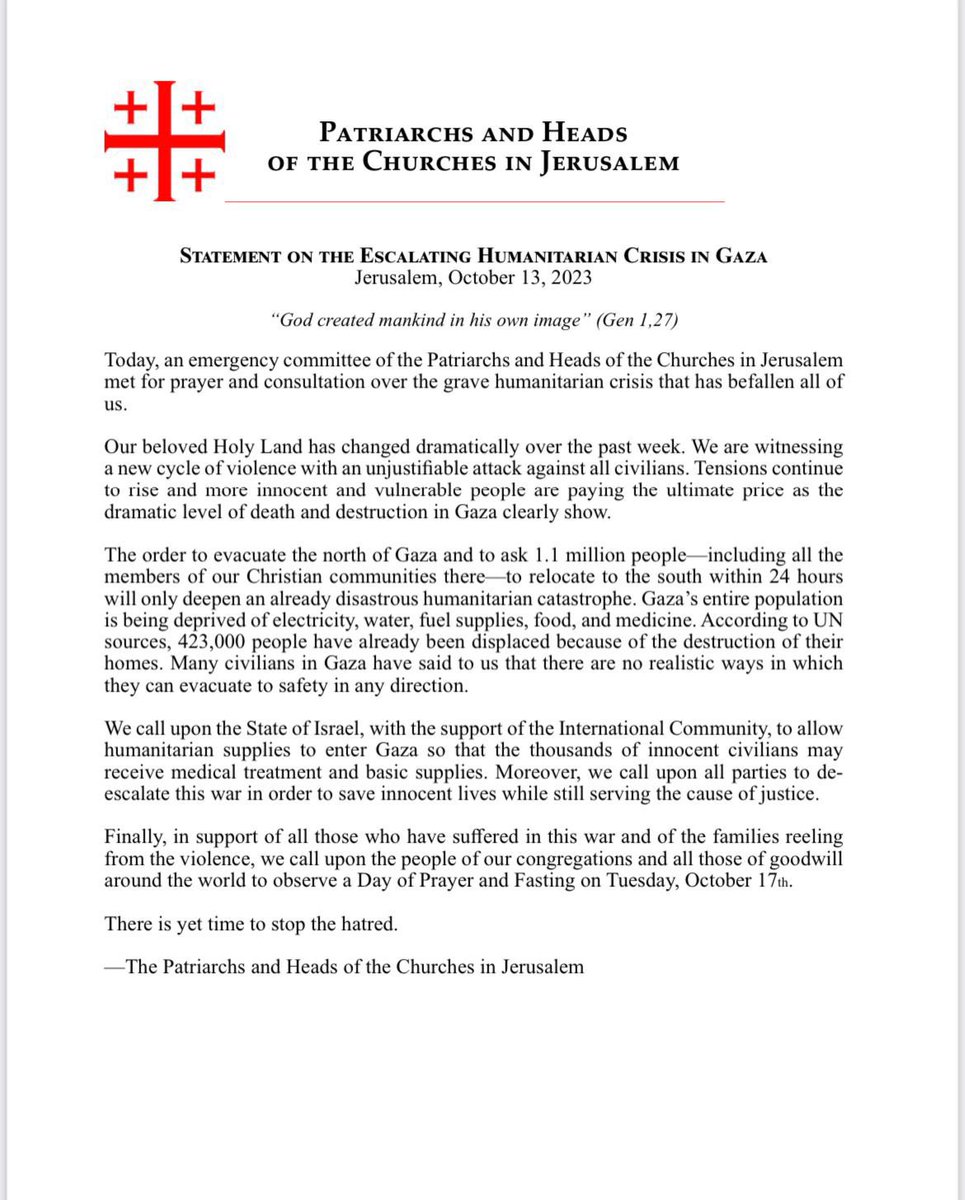 New statement from the Patriarch of Jerusalem. Please read and disseminate.