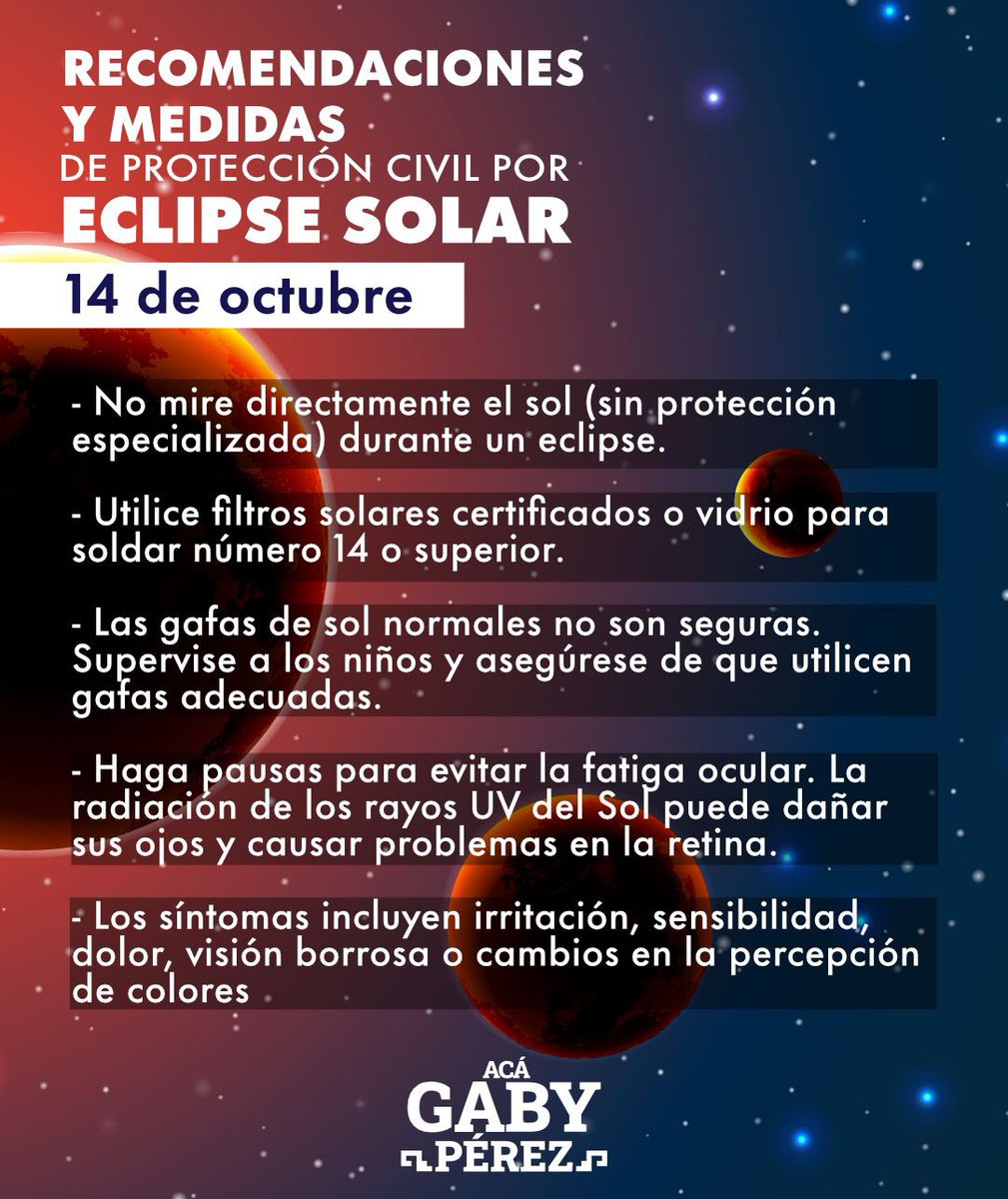SoyGabyPerezMx's tweet photo. 🌘 ¡Mañana se avecina un emocionante eclipse! Para disfrutarlo de manera segura, ten en cuenta estas recomendaciones:
#EclipseSeguro #acáeselfuturo #construyámoslo https://t.co/jmaBfazRMa
