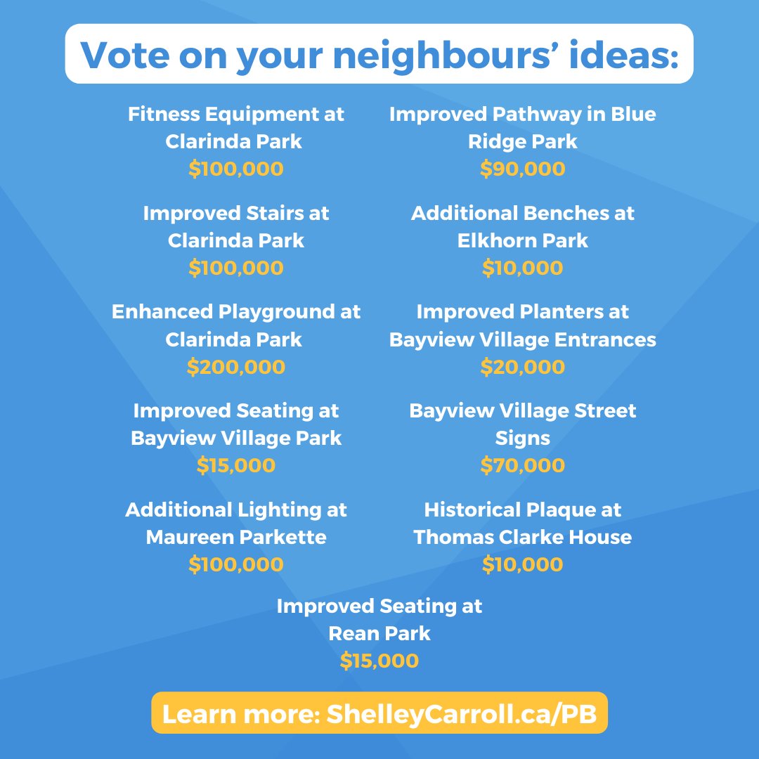 We're onto the final and most exciting stage of our Bayview Village #ParticipatoryBudgeting! Come out November 3 - 5 and vote on how to spend $500,000 in your community. Any resident of Bayview Village ages 14+ can vote. 🗣️🗳️

Find the full details at shelleycarroll.ca/participatory-…