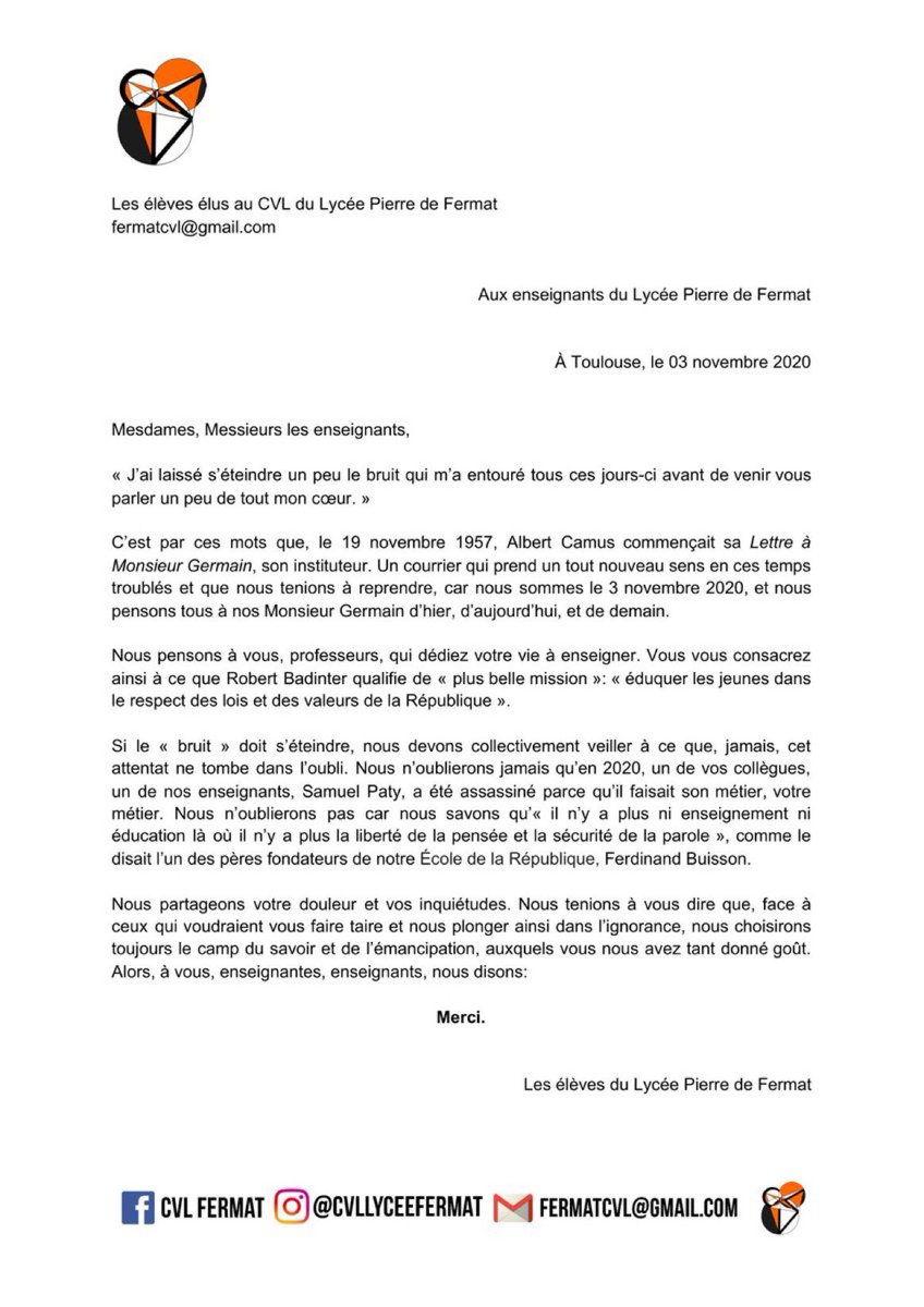 JCamezind's tweet photo. 🙏🏼 Cette lettre que nous avions rédigé au moment de l’assassinat de #SamuelPaty reprend malheureusement tout son sens.

Chers enseignants, cher Dominique Bernard, nous choisirons toujours le camp du savoir et de l’émancipation auxquels vous nous avez tant donné  goût. […] Merci. https://t.co/heiYOYblNp