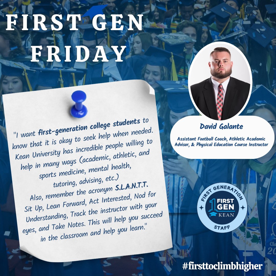 KeanUniversity's tweet photo. On First Gen Friday, we highlight a first-generation college student and faculty or staff member. This week, our features are student Marcellis Johnson and David Galante, Assistant Football Coach, Athletic Academic Advisor, and Physical Education Course Instructor.

#keanfirstgen #firsttoclimbhigher
