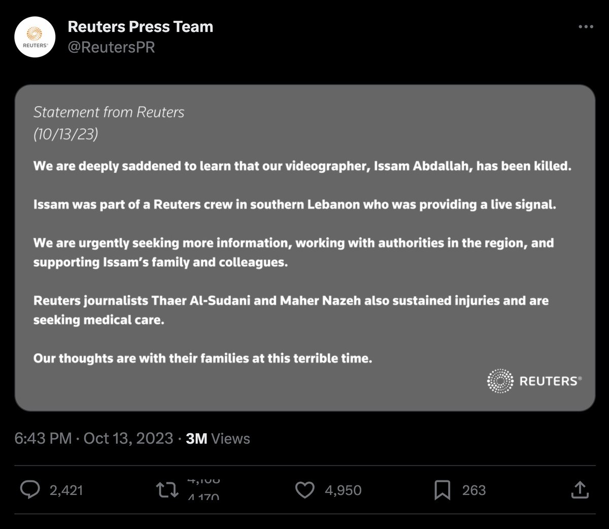 Un journaliste vidéo de Reuters, Issam Abdallah, a été tué et six autres journalistes de l'AFP, de Reuters et d'Al-Jazeera ont été blessés cet après-midi en couvrant la situation dans le sud du Liban #AFP