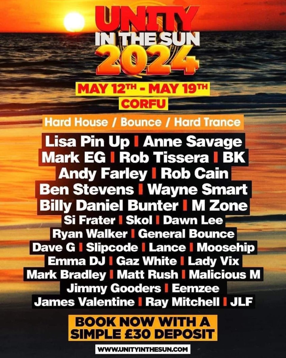 The #ignition crew will be smashing out some #trance for @UnityInTheSun in #Corfu next year! 
Payment plans are available and deposit is only £30!
@DJslipcode and @RayMitchell82 have already packed their mankinis! 
You don't want to miss it!

Book: unityinthesun.co.uk/collections/ig…