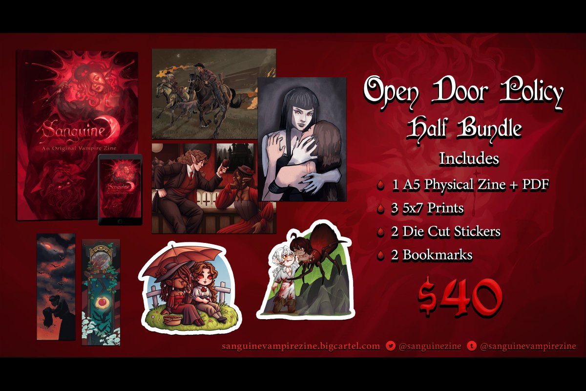 Open Door Policy (Half-Bundle) — $40

This bundle includes:

🩸Physical copy of the zine (A5 sized) 
🦇PDF copy of the zine 
🌙3 5x7 prints 
🩸2 die cut stickers 
🦇2 bookmarks