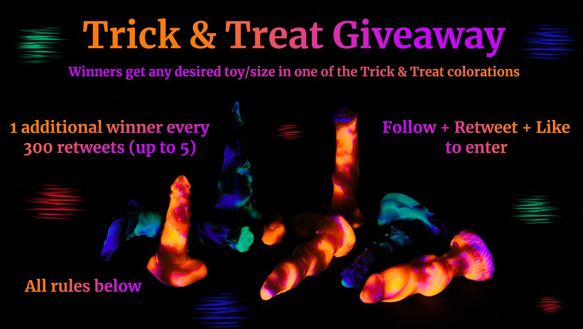 Spooky Giveaway!🎃
Follow us + like + retweet this post for a chance of winning a toy in our event coloration.

Every 300 retweets an additional winner will be picked!
You can check the colorations here: neotori.com

More details below⬇️
#neotori #furry #fantasydildo