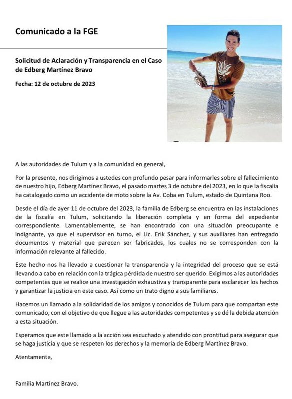 abpcita's tweet photo. @FGRMexico Investiga entonces a tu @FGEQuintanaRoo que desde hace una semana ocultan información sobre la muerte de #edbergmartinezbravo #negligenciapura https://t.co/YmSjeOY0ii