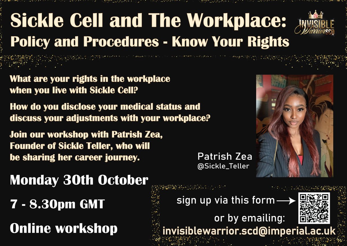 Invisible Warrior_SCD (@inviswarriorscd) on Twitter photo Sign up for our next online #sicklecell workshop:
➡️Sickle Cell and The Workplace: Policy and Procedures - Know Your Rights
📅Monday 30th October
📷7-8.30 pm GMT
Sign up via: imperial.eu.qualtrics.com/jfe/form/SV_ez…
#sicklecellawareness #workplace #DisabilityRights #invisibleillness Sign up for our next online #sicklecell workshop:
➡️Sickle Cell and The Workplace: Policy and Procedures - Know Your Rights
📅Monday 30th October
📷7-8.30 pm GMT
Sign up via: imperial.eu.qualtrics.com/jfe/form/SV_ez…
#sicklecellawareness #workplace #DisabilityRights #invisibleillness