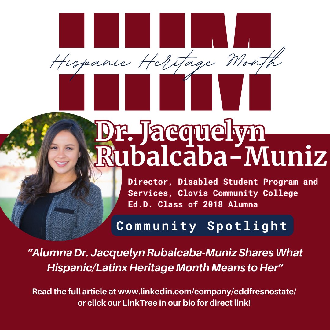 Dr. Jacquelyn Rubalcaba-Muniz, shares her thoughts on Hispanic/Latinx Heritage Month and how being Hispanic has impacted her career. Read more at 
linkedin.com/company/eddfre… 🌟🎉
 
#EdDFresnoState #DoctorofEducation #EducationalLeadership #HispanicHeritageMonth #LatinxHeritageMonth