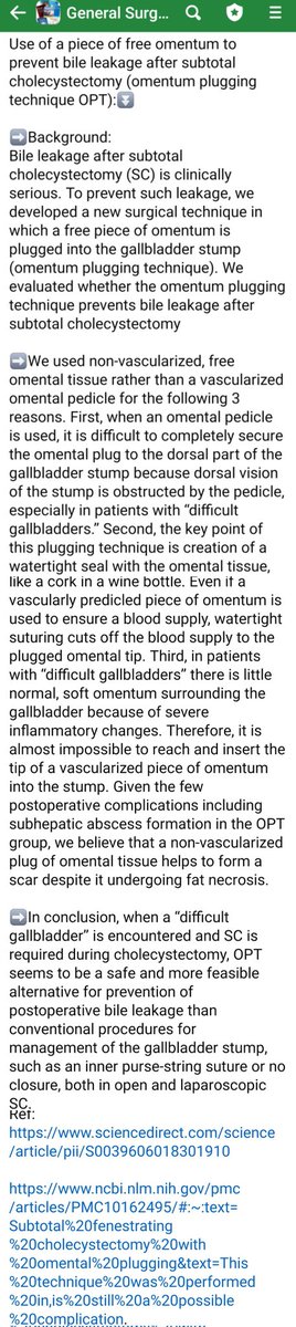 DRAFTABAHMED7's tweet photo. Use of a piece of free omentum to prevent bile leakage after subtotal cholecystectomy (omentum plugging technique OPT):⏬
 See pic below for Text ⏬⏬
#hepatobiliary 
#cholecystectomy
#laparoscopic
#bileduct #omentum
#biloma https://t.co/efmo5h9XUI
