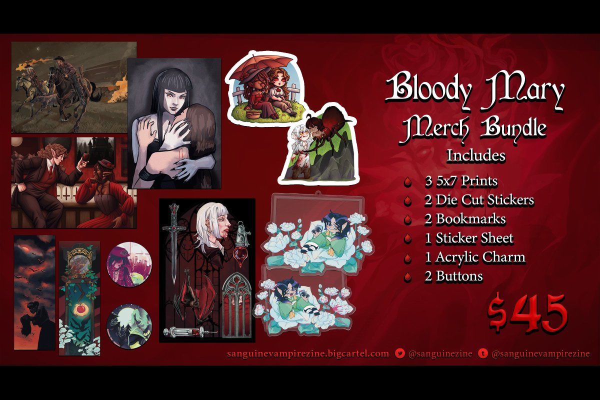 Bloody Mary (Merch Only) — $45

This bundle includes:

🩸3 5x7 prints 
🦇2 die cut stickers 
🌙2 bookmarks 
🩸1 sticker sheet 
🦇1 double sided acrylic charm 
🌙2 buttons