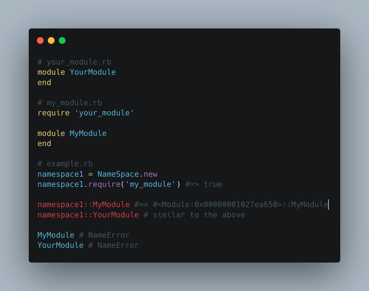 Looks like Ruby is getting virtual top-level namespaces. Dependencies can be required in these namespaces without polluting the global namespace.

Proposal: bugs.ruby-lang.org/issues/19744

Dev meeting conclusion:
github.com/ruby/dev-meeti…