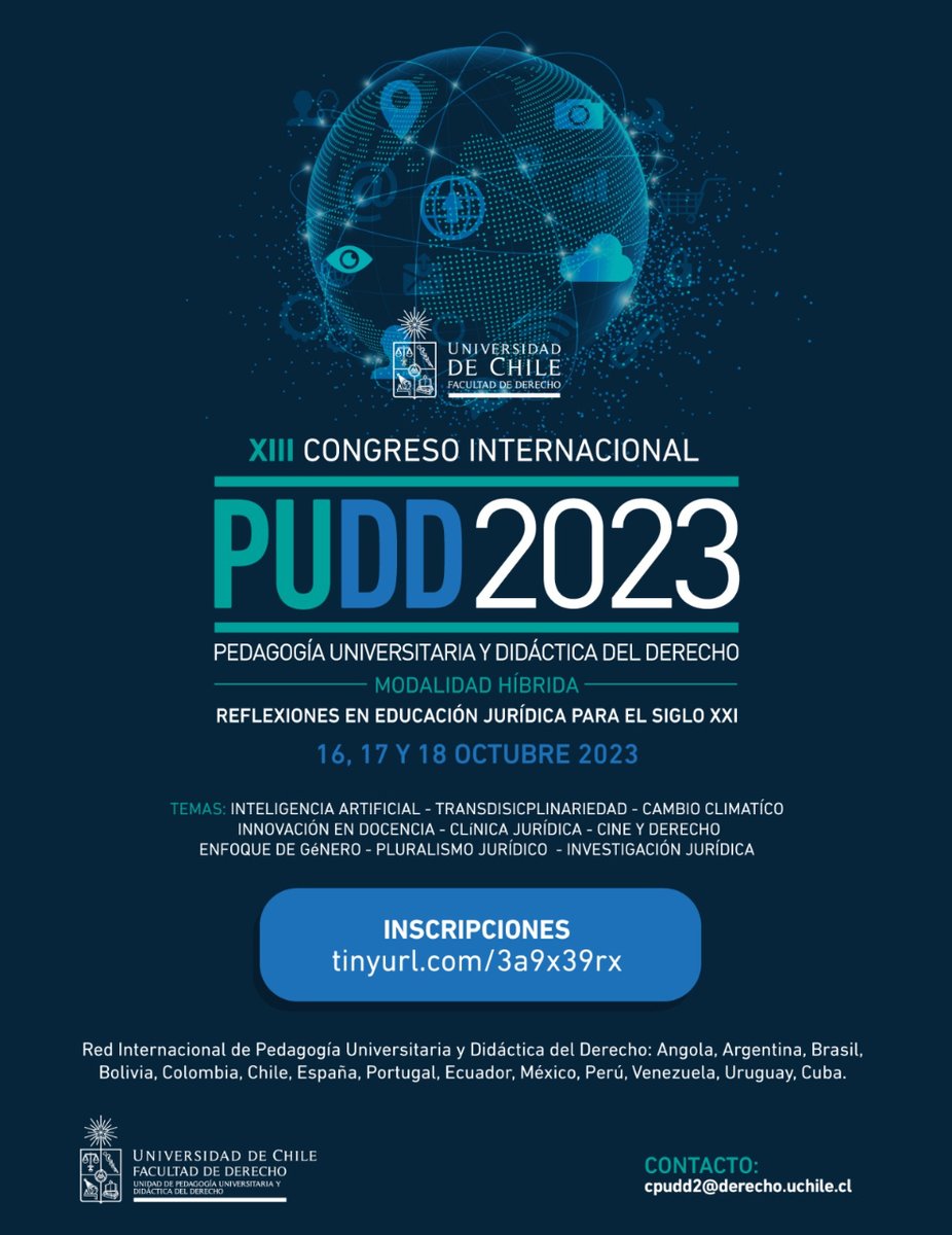 #Agenda | XIII Congreso Internacional Pedagogía Universitaria y Didáctica del Derecho 2023

📅⌚Lunes 16, martes 17 y miércoles 18 a las 09:00 hrs. 

💻Inscripción online: tinyurl.com/3a9x39rx

🔗Revisa los detalles aquí👉uchile.cl/d207982