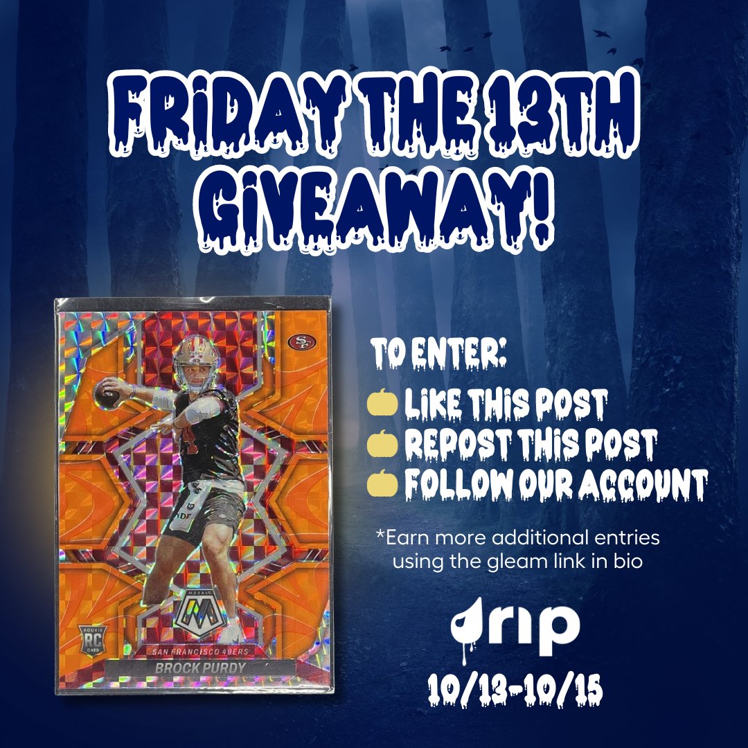 DripSport's tweet photo. ☠️🏈 Friday the 13th Giveaway 🏈☠️ Maybe it's your lucky day? Brock Purdy rocks the #13, and we're dishing out his rookie card to ONE fortunate collector! 💧🤞 

To Enter:Simply Like, Repost, and FOLLOW @DripSport #49ers #CollectNFL #thehobby

🔗👉 https://t.co/5lmciPsO6x https://t.co/1hsZf4X8UX