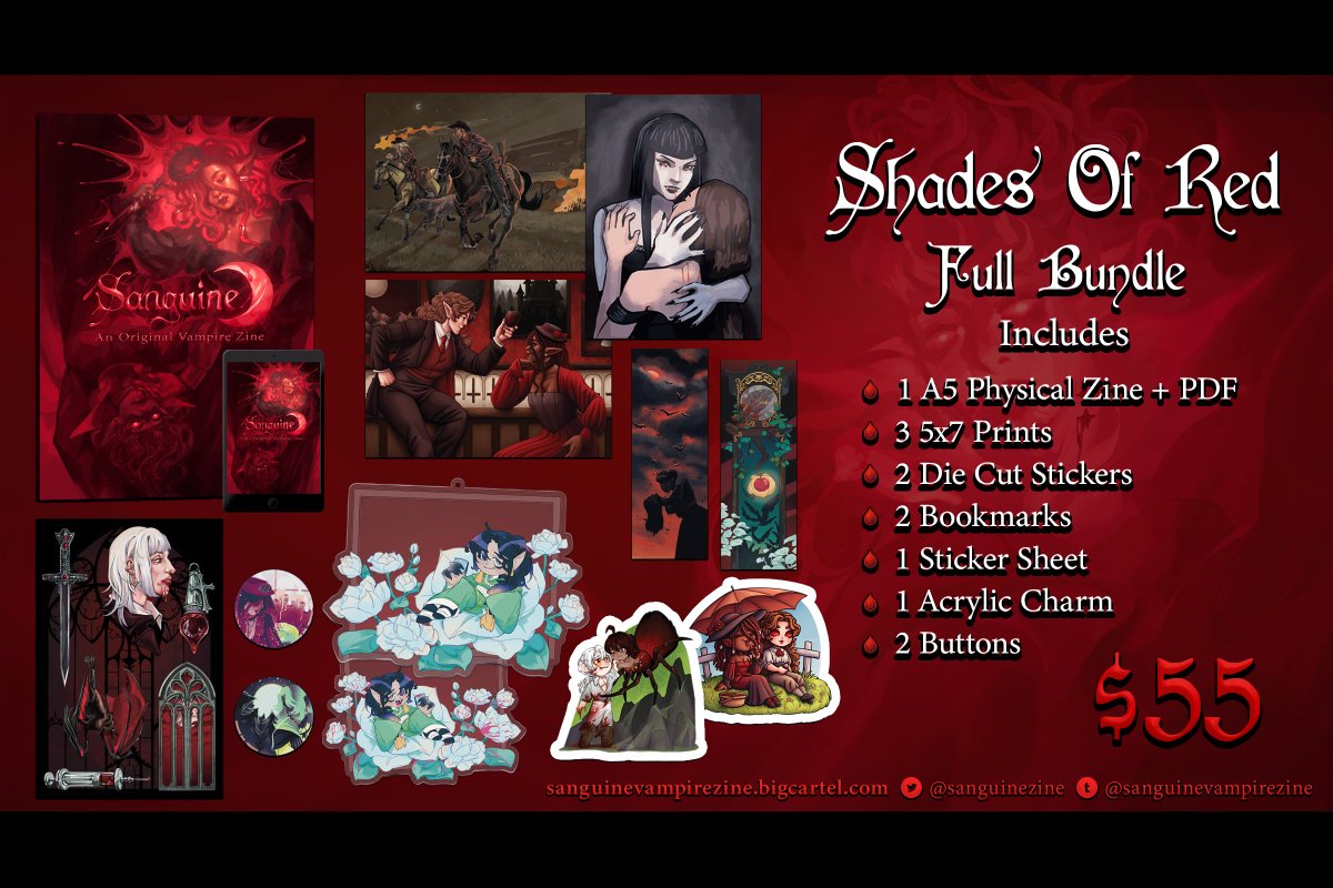 Shades of Red (Full Bundle) — $55

This bundle includes:

🩸Physical copy of the zine (A5 sized) 
🦇PDF copy of the zine 
🌙3 5x7 prints 
🩸2 die cut stickers 
🦇2 bookmarks 
🌙1 sticker sheet 
🩸1 double sided acrylic charm 
🦇2 buttons
