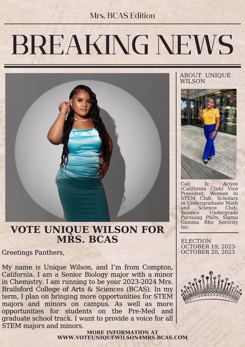 uniquewilsonn's tweet photo. Hey Panthers💜💛 

Vote Unique Wilson to be your Mrs. BCAS on Thursday October 19, 2023 - October 20, 2023 at 5:00 PM. 

#pvamu #pv27 #pv26 #pv25 #pv24 #MrsBCAS https://t.co/hyyOxWy30R