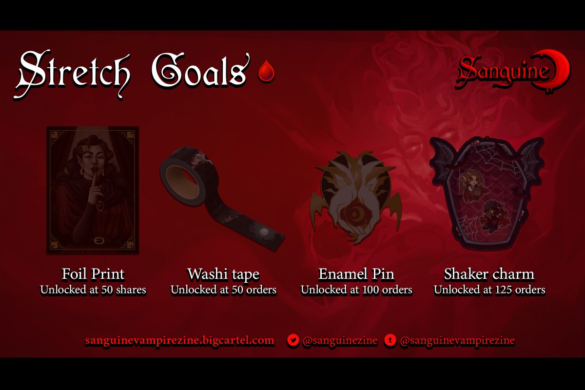 [1/2] Stretch Goals:

🌙At 50 shares on our main pre-order post, a foil print will be added to eligible bundles. 
🩸At 50 orders, a washi tape will be added to eligible bundles.