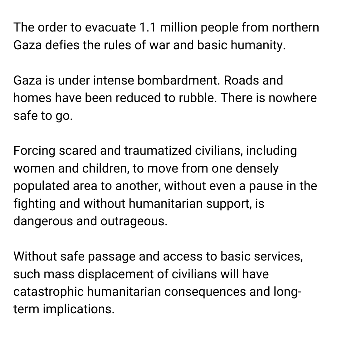 The order to evacuate 1.1 million people from northern Gaza defies the rules of war and basic humanity.