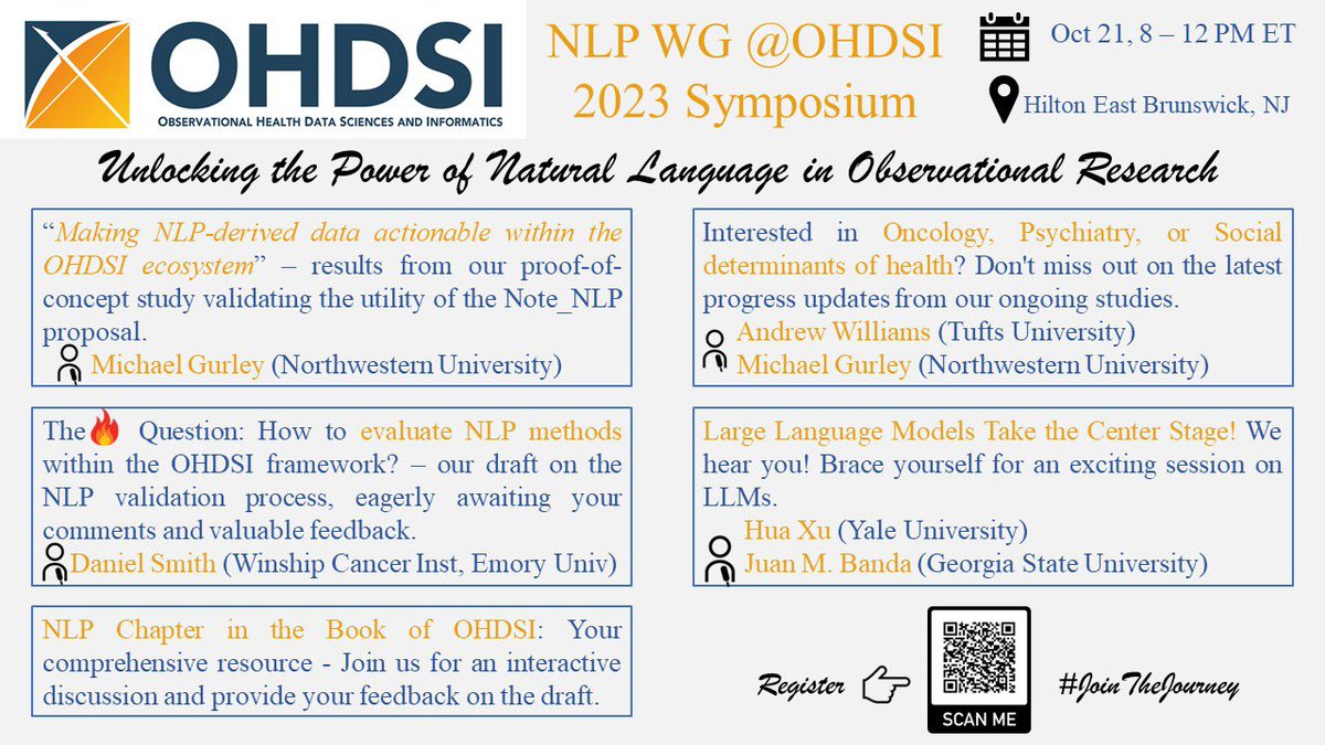 It’s next Friday! Last year was super fun and I can’t wait to see what’s in store this year. Registrations are still open and please don’t forget to register for the NLP workgroup meeting on Oct 21st. #JoinTheJourney #OHDSI2023 <a href="/HuaXu_SBMI/">Hua Xu</a> <a href="/drjmbanda/">Juan M. Banda, Ph.D</a>