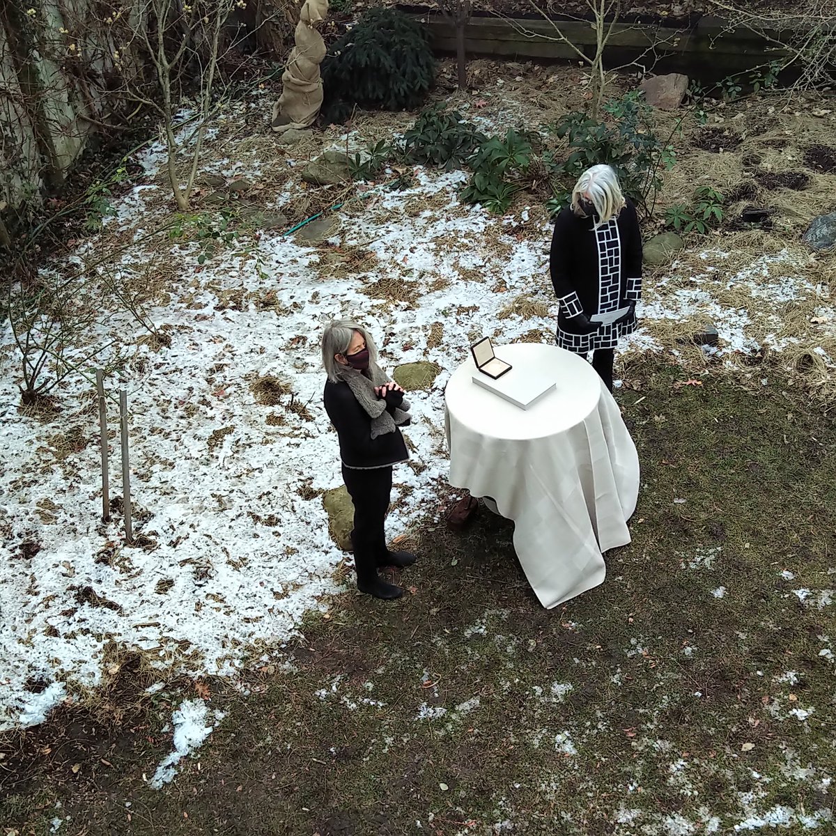 This is a picture I took of Louise Glück receiving her Nobel medal in her backyard during Covid.  It was such a great moment for lyric poetry--restrained yet emotional--being elevated to the world stage.  I took the picture from her back porch.