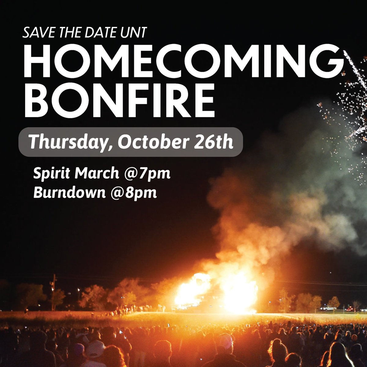 The 2023 UNT Homecoming Bonfire date is Thursday, October 26th. Burndown will be at 8:00pm. See you there to celebrate this yearly tradition since 1935! Repost! #untbonfire23 @UNTHomecoming @UNTsocial @MeanGreenFB @MeanGreenSports @NTScrappy #unt #gmg #unttraditions