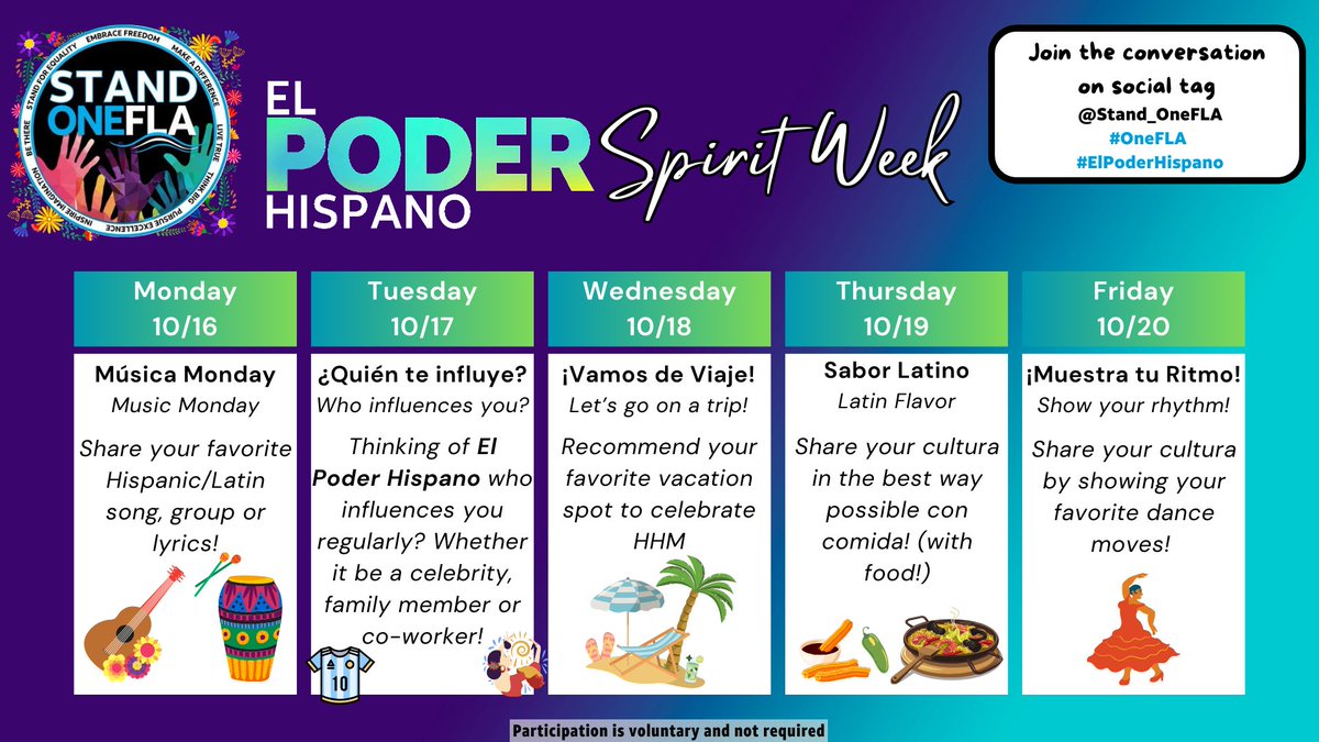 Excited to kick off our EL Poder Hispano Spirit Week next week Monday Oct 16th through the 20th and close out HHM in style! Get ready! Don’t forget to tag us and use the hashtags #OneFLA #StandOneFLA #ElPoderHispano #LifeAtATT #HHM