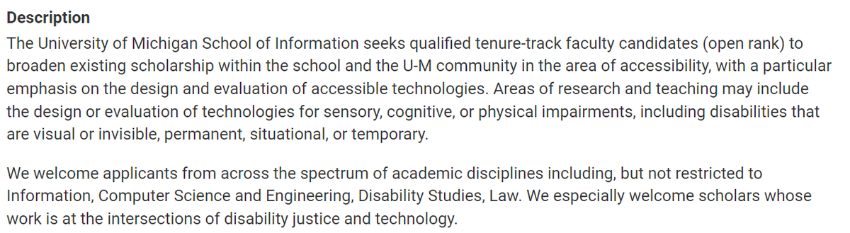 We are hiring @umsi! If you work on accessibility, we have an open rank faculty position. Come join the fabulous research environment in our school, and at @UMich broadly in the accessibility and disability studies space! Here is a link to the position: apply.interfolio.com/134600