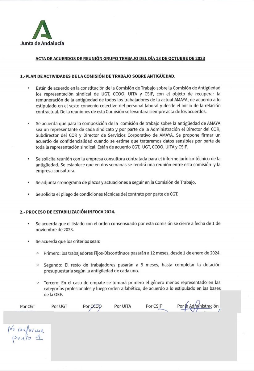 A petición de UGT, CCOO, UITA y CSIF, las secciones sindicales de <a href="/AndaluciaAMAyA/">AMAYA</a> firman un acuerdo histórico que permite, a 1 de enero 2024, pasar a 12 y 9 meses a más de 250 trabajadores. A finales de 2024 se pasará a otro grupo de trabajadores hasta conseguir #infoca100 .