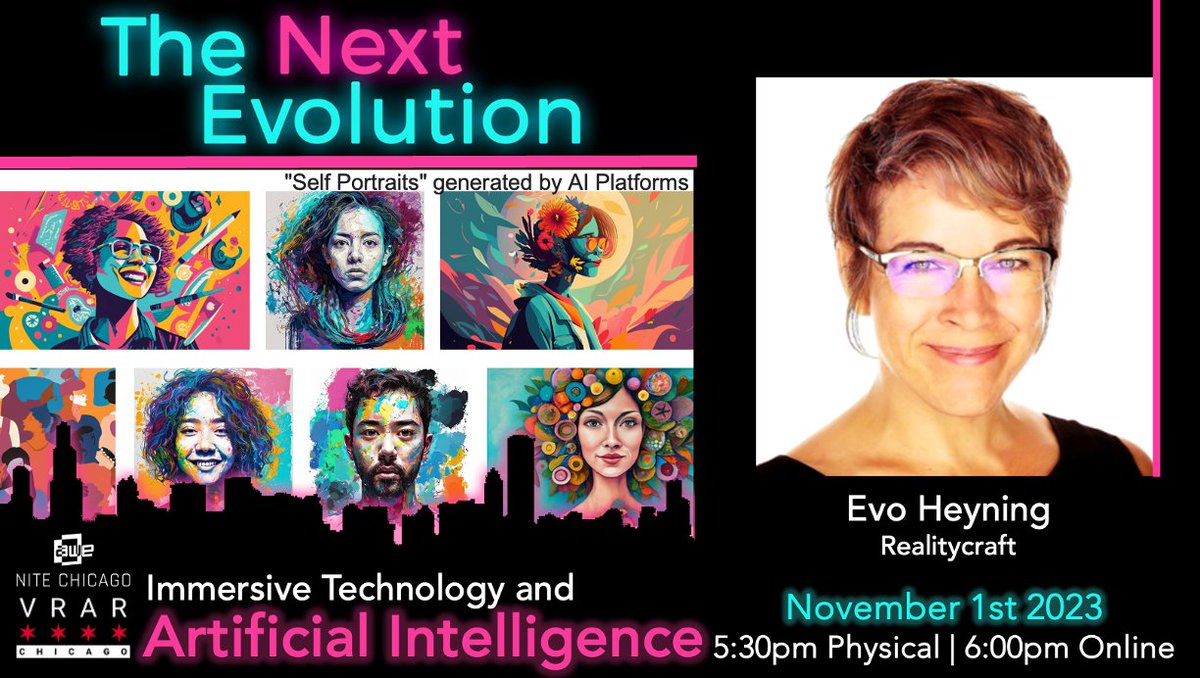 ✶✶ Wednesday, November 1st ✶✶
Evo Heyning is an award-winning producer, strategic consultant, author, workshop leader and curates art and immersive works out of her gallery design lab in the Bay Area, Realitycraft. @amoration 
#TheNextEvolution #artificialintelligence #AR #VR