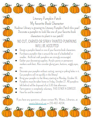 HuebnerLibrary's tweet photo. Plant a pumpkin in our Literary Pumpkin Patch! You may start bringing in your pumpkins on Monday!
#schoollibrariesmatter #neisdlibs #RootEdHuebner #huskiesleadingthepack https://t.co/XMuOtGgcrp