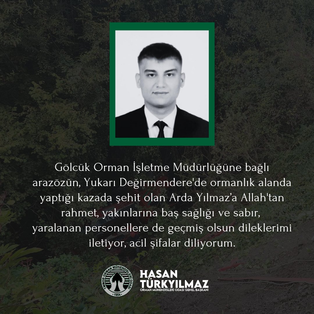 HTurkyilmazOMO's tweet photo. Gölcük Orman İşletme Müdürlüğüne bağlı arazözün, Yukarı Değirmendere'de ormanlık alanda yaptığı kazada şehit olan Arda Yılmaz’a Allah'tan rahmet, yakınlarına baş sağlığı ve sabır, yaralanan personellere de geçmiş olsun dileklerimi iletiyor, acil şifalar diliyorum. https://t.co/x80fAGjNR5
