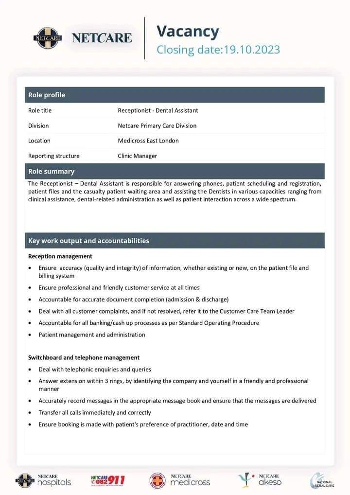 Ghost8Diva's tweet photo. Receptionist x6 posts
Receptionist -Dental Assistant x3 posts
Admin Controller x2 posts
Netcare
Location Various Locations
Closing 16 October 2023
#Thread
#Letsapply https://t.co/xJgZinYg3H