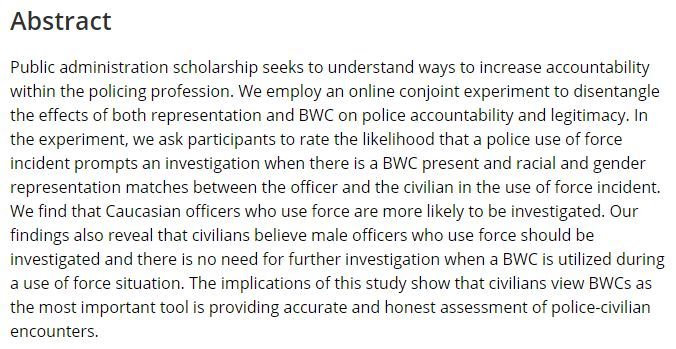 New research article: Body-Worn Cameras and Representation: What matters when evaluating police use of force? by James E. Wright II @JamesEWrightII, Dongfang Gaozhao @dgaozhao, Brittany Houston @dawnmichelle86: buff.ly/45rewFU
