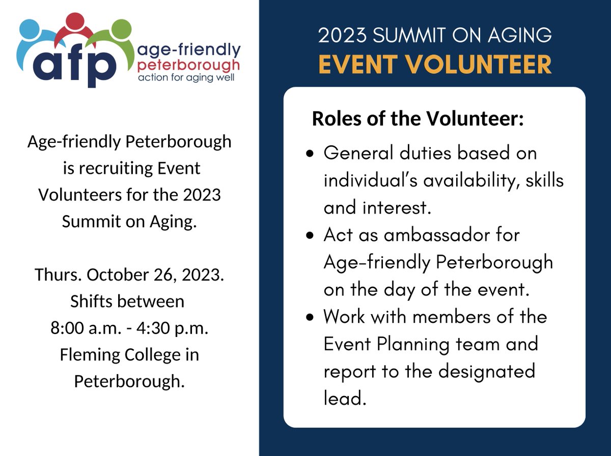 The Summit on Aging is an annual event with a different theme each year. This year the topic is Care for the Caregiver. Age-friendly Peterborough is recruiting volunteers to help on the day of the event, October 26, 2023. To apply, email AFPadmin@peterborough.ca