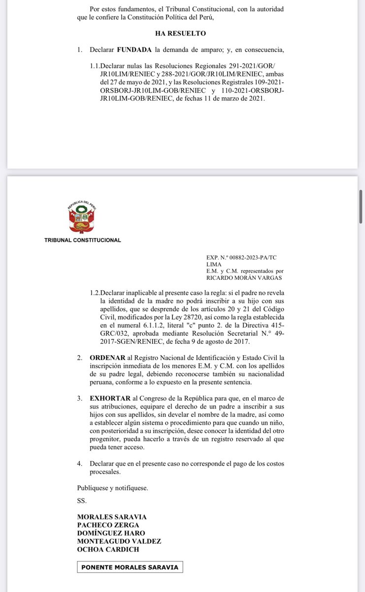 Importante sentencia del ⁦@TC_Peru⁩. Por mayoría, ordena al ⁦@ReniecPeru⁩ la inscripción de dos niños con los nombres de su padre (Ricardo Morán) y la nacionalidad peruana. Aunque, evitó referirse al tema de la maternidad subrogada.