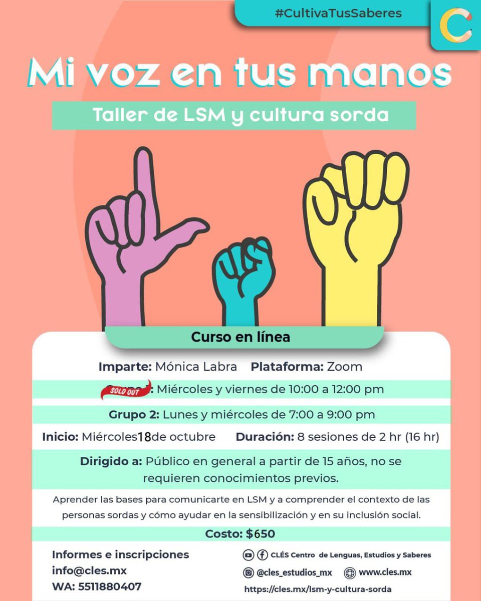 Cles_lenguas's tweet photo. ¡Capacítate! Próximos talleres en línea. Tenemos súper descuento en los dos.

Pueden consultar toda la información en:

https://t.co/s2d9rogwsi

https://t.co/H222cJqu9w

Cupo limitado❗❗❗

Informes e inscripciones:
WA 5511880407
info@cles.mx
#lsm #culturasorda #magia #actor https://t.co/PmNyg1q0H5