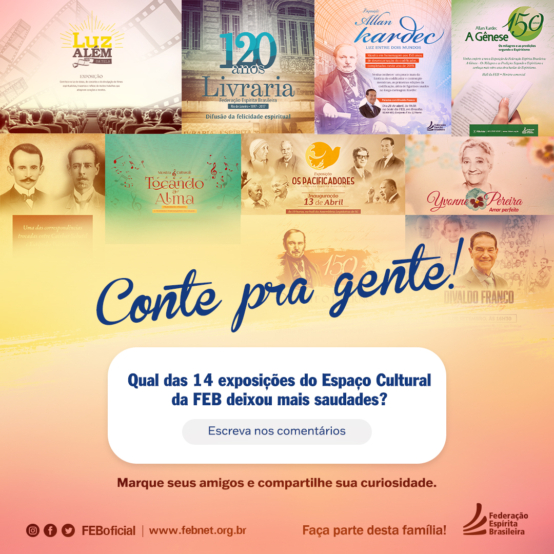 FEB_Oficial's tweet photo. Conte pra gente!
Qual exposição deixou mais saudades?
Escreva nos comentários.
Marque seus amigos, vamos compartilhar nossas memórias da FEB.
#ConhecaaFEB #ComunicacaoFEB #federacaoespiritaBR #espiritismo #BrasilEspirita https://t.co/sVlCowywTd