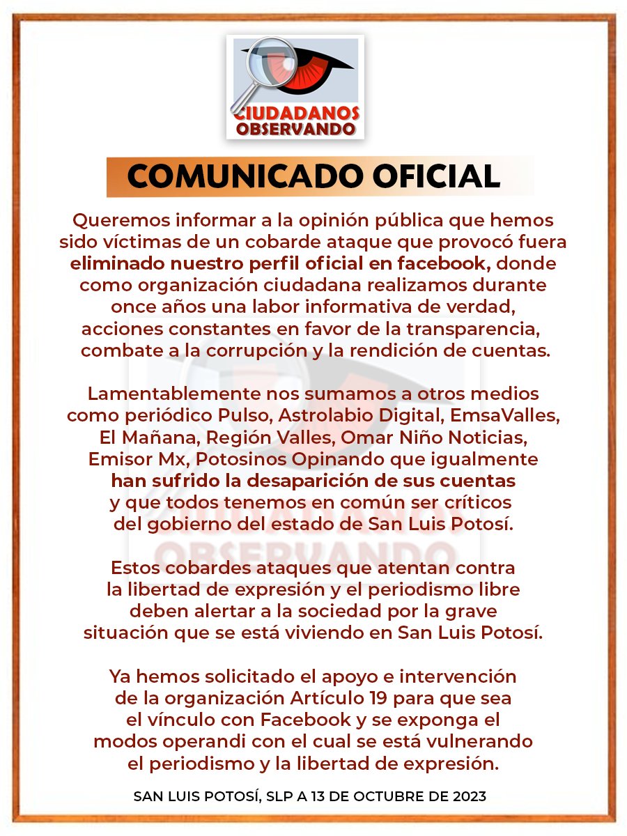 #ComunicadoOficial 
Denunciamos publicamente que también nosotros ya fuimos víctimas de un cobarde ataque que provocó que fuera bloqueada nuestra cuenta oficial de <a href="/facebook/">Facebook</a>