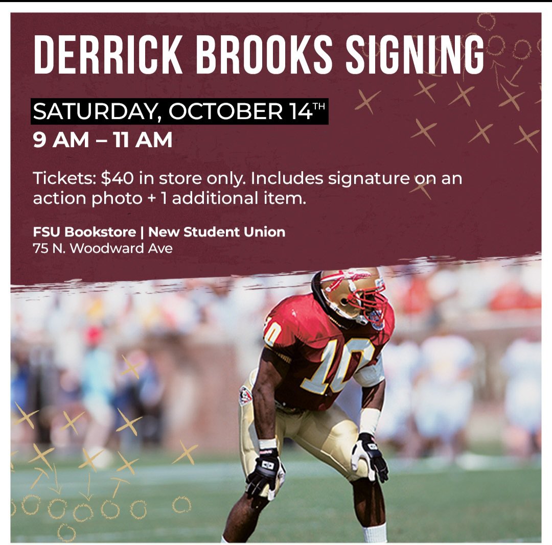 FLORIDA STATE BOOKSTORE (@fsubookstore) on Twitter photo 🗣️EVENT ANNOUNCEMENT🗣️ Former FSU Football linebacker and member of the 1993 National Championship team, <a href="/DBrooks55/">Derrick Brooks</a> is coming to the Bookstore for a signing TOMORROW 9/14 from 9-11 AM! 🏈 🗣️EVENT ANNOUNCEMENT🗣️ Former FSU Football linebacker and member of the 1993 National Championship team, <a href="/DBrooks55/">Derrick Brooks</a> is coming to the Bookstore for a signing TOMORROW 9/14 from 9-11 AM! 🏈