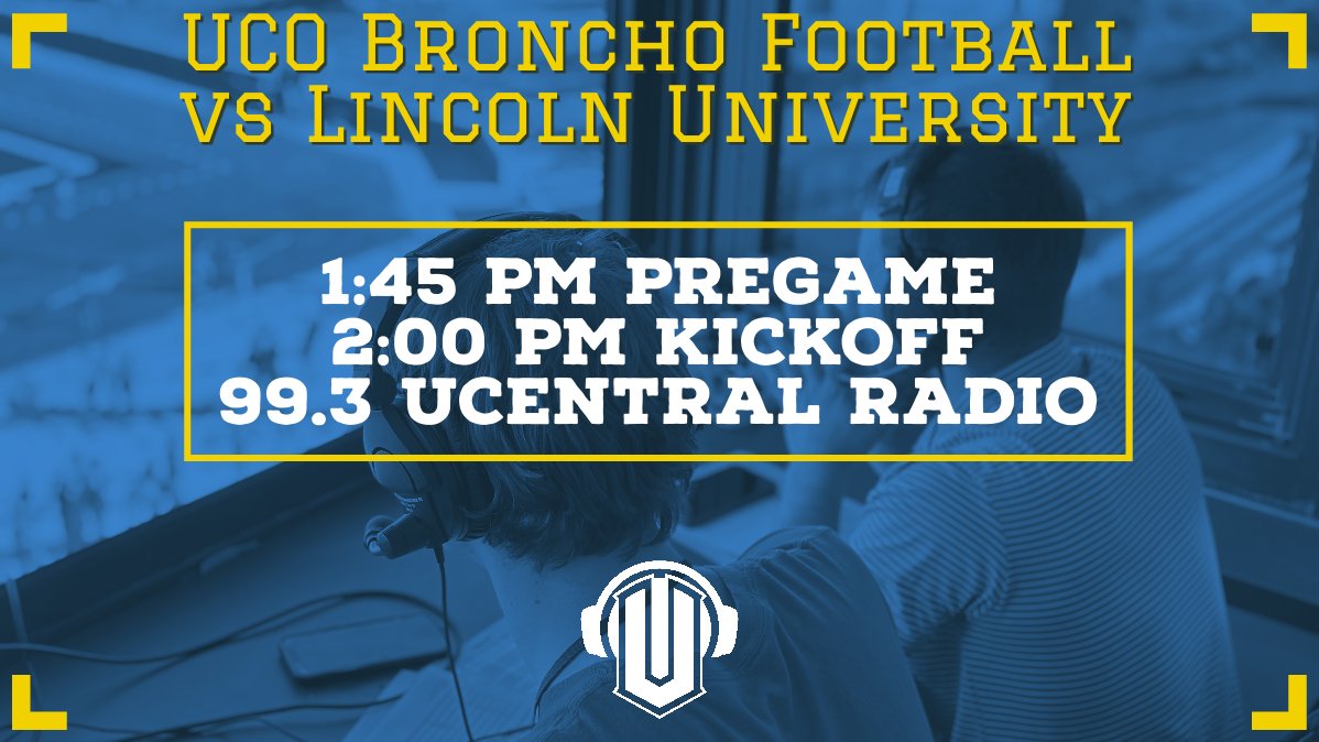 Join us this Saturday afternoon for <a href="/ucobronchofb/">UCO Football</a> on <a href="/ucentralradio/">UCentral Radio 99.3 fm</a> as the Bronchos take on <a href="/GoBlueTigers/">Lincoln University (Missouri) Athletics</a>.
The student broadcast gets underway at 1:45 PM with the Pregame Show and 2 PM kickoff on 99.3 fm Edmond and ucentralradio.com.