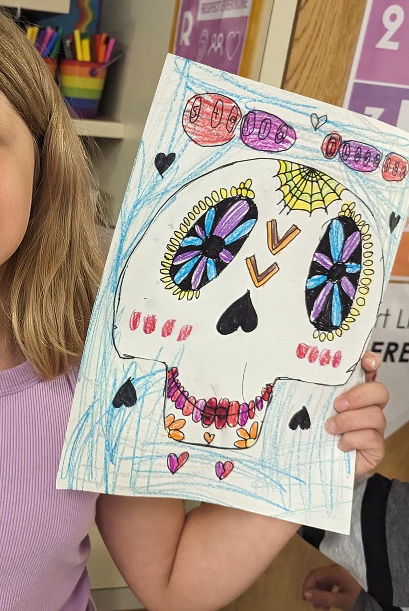 MrsVoigtArt's tweet photo. First grade artists learned about Dia de los Muertos and designed their own sugar skulls! #artsed #fabartsfri #engaged64 #d64smiles @D64News https://t.co/I7BOUxNTkk