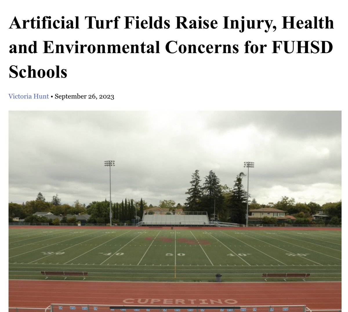 BanPlasticTurf's tweet photo. Cupertino, CA HS student newspaper:
“6 out of 12 #FUHSD turf fields exceeded the highly dangerous 200 GMAX threshold”
😲 #TestTurf!
“injuries & environmental concerns has prompted debates about reverting back to real grass fields”
👏
https://t.co/UseVYlJX2u -@chsprospector https://t.co/GkAZDxUgmc