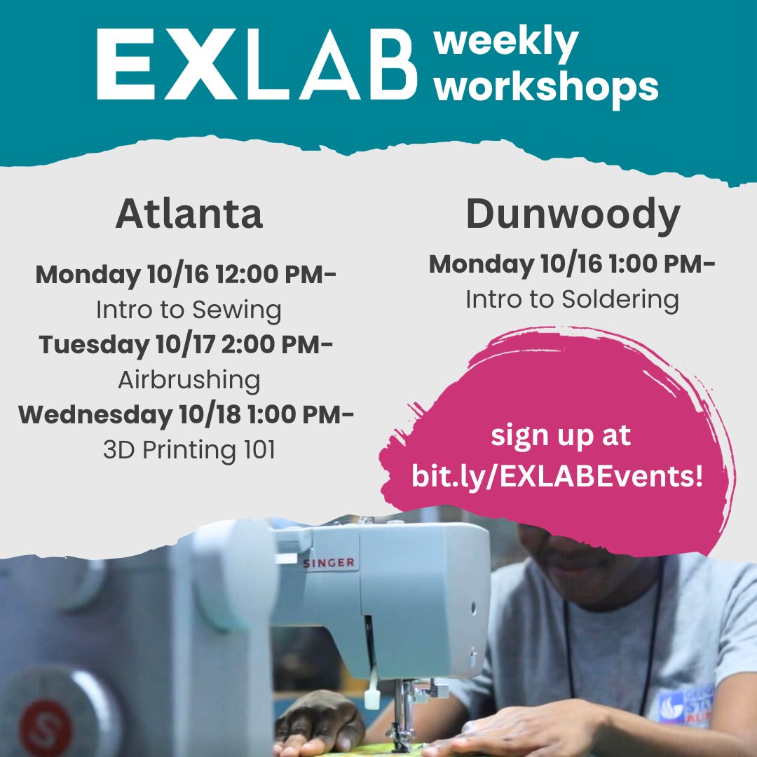 exlab_gsu's tweet photo. Don't forget to check out one of our free weekly workshops coming up! Be sure to check out https://t.co/3X1qPnCvks to sign up. https://t.co/f2GdGT5ZrG