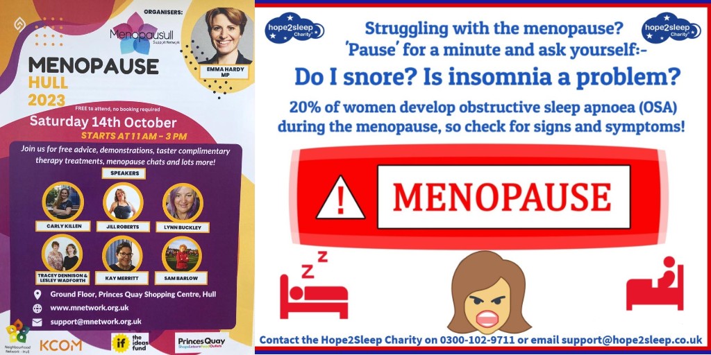 Struggling with the #menopause in #Hull? Join us tomorrow (Sat 14th Oct) Ground Floor 11am-3pm <a href="/PrincesQuayHull/">Princes Quay</a>  with <a href="/menopausull/">Menopausull</a> + others. If you #snore or pause for breathing during #sleep pop + see us for help as #sleepapnoea affects 20% of women during menopause🎗️