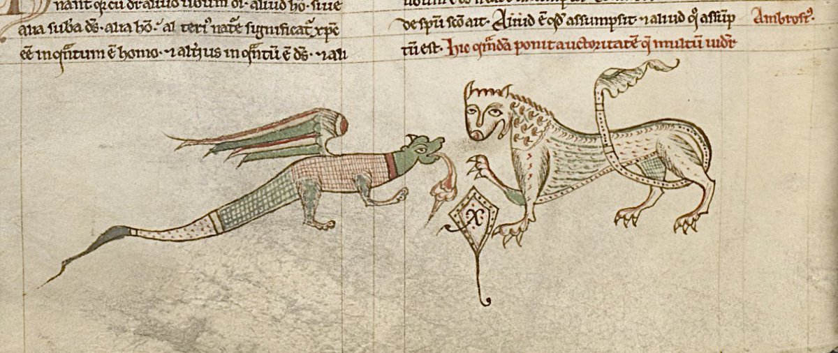 Dragon and lion in the lower margin BL Yates Thompson MS 17; Peter Lombard, Sententiae; 4th quarter of the 12th century; Neuvelle-lès-la-Charité, France; f.80v @BLMedieval