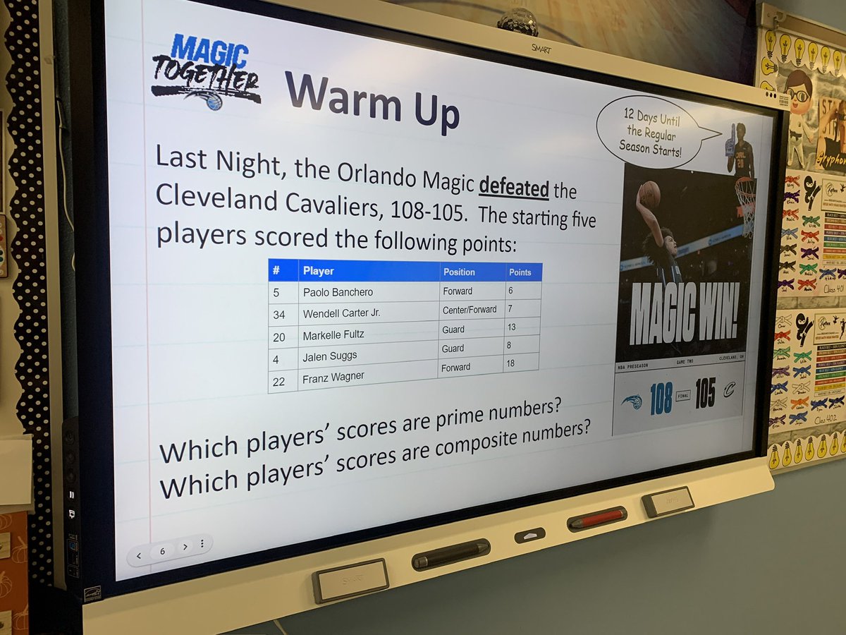 MrsLopezMagic's tweet photo. Celebrating last night’s @OrlandoMagic win! Students used the points scored by the starting five to identify prime and composite numbers 😁 @K5MathOCPS @Stonewyck_OCPS @OCPSnews #MagicTogether #StonewyckStrong #GryphonNation #KeepThemMotivated #WhyITeach https://t.co/xUBnXlZm1j