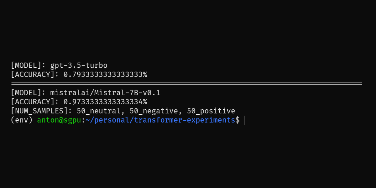 Mistral-7B base outperforms GPT-3.5-turbo in zero-shot financial news sentiment classification with accuracy of 97.3%. Running same test against gpt-3.5-turbo gives accuracy of 79.3%... did not expect this performance from mistral-7B. Data generated by GPT-4 (pos, neg, neutral)