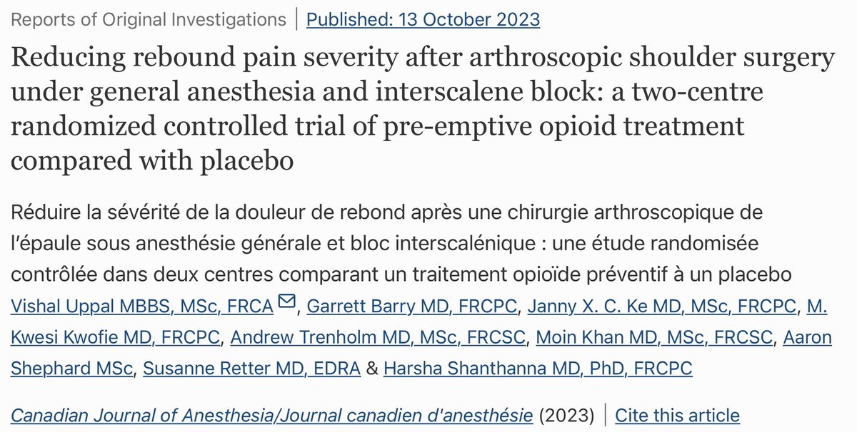 Garrett Barry (@garrettsbarry) on Twitter photo Preemptive opioid at 6 hours after interscalene block made 🚫 difference in rebound pain!
link.springer.com/article/10.100…
So what can we do?
My take:
1️⃣ iv dexamethasone
2️⃣ sched. multimodals
3️⃣ pt education
4️⃣ catheters for high risk pts
<a href="/ASRA_Society/">ASRA Pain Medicine</a>
<a href="/ESRA_Society/">ESRA | European Society of Regional Anaesthesia</a>
<a href="/AoraIndia/">AORA India</a> Preemptive opioid at 6 hours after interscalene block made 🚫 difference in rebound pain!
link.springer.com/article/10.100…
So what can we do?
My take:
1️⃣ iv dexamethasone
2️⃣ sched. multimodals
3️⃣ pt education
4️⃣ catheters for high risk pts
<a href="/ASRA_Society/">ASRA Pain Medicine</a>
<a href="/ESRA_Society/">ESRA | European Society of Regional Anaesthesia</a>
<a href="/AoraIndia/">AORA India</a>