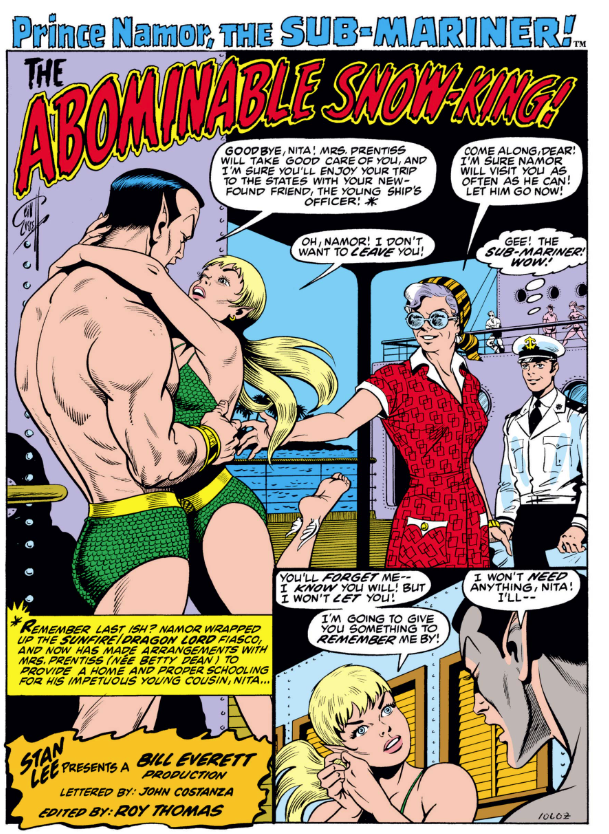 MarvelADay's tweet photo. #SM55 #MarvelADay Namor and Nita are finally separating, and she gives him a neat earring that I can only assume will be important in the future. Since he doesn't have pierced ears or pockets, where do you think he stores it? I can't imagine... PMB https://t.co/ShdaOhVzai