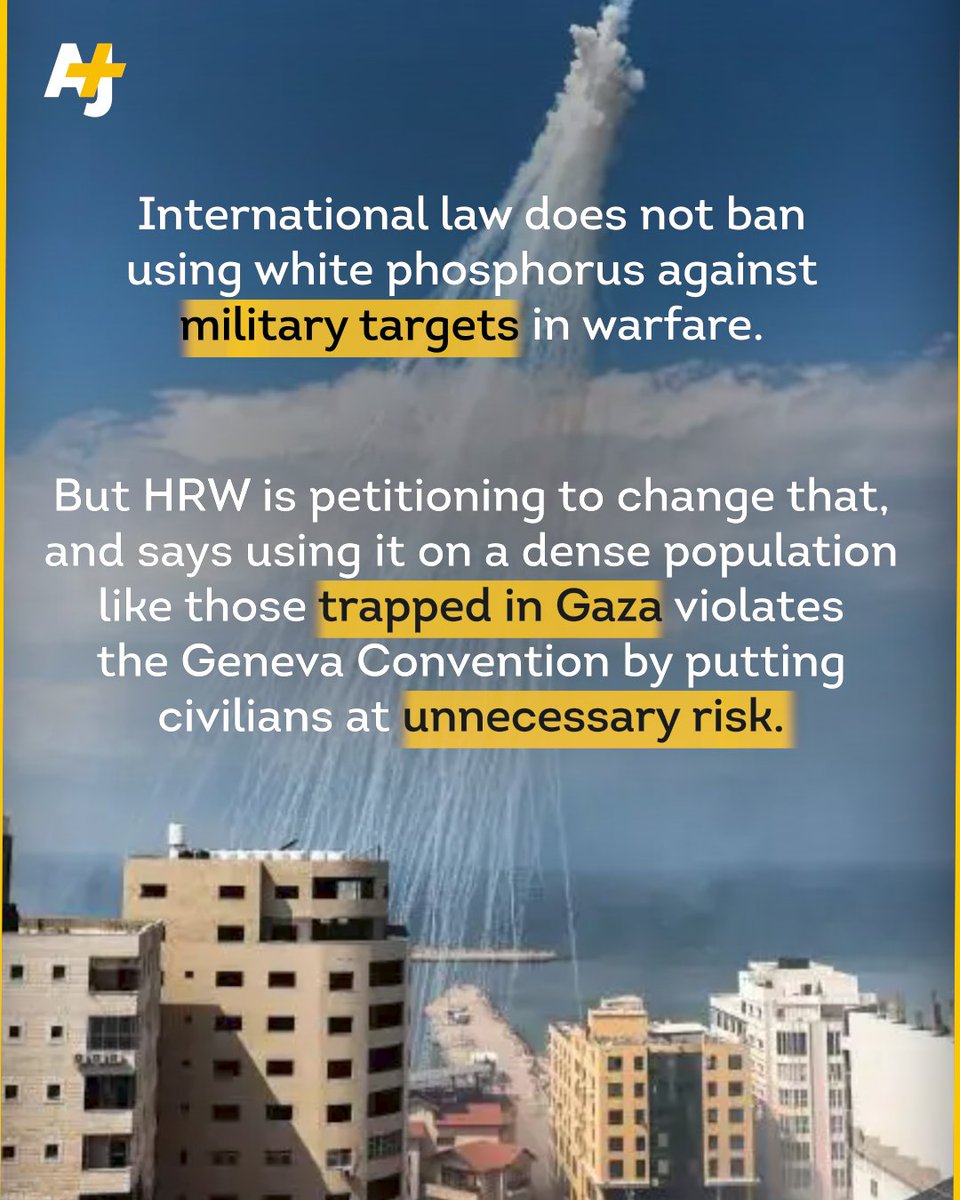 ajplus's tweet photo. White phosphorus is a chemical substance that burns at temperatures hot enough to melt metal – and, according to rights groups, Israel is using it while bombing the occupied Gaza Strip.

Israel has denied the claims. https://t.co/NNkSLiMoZj